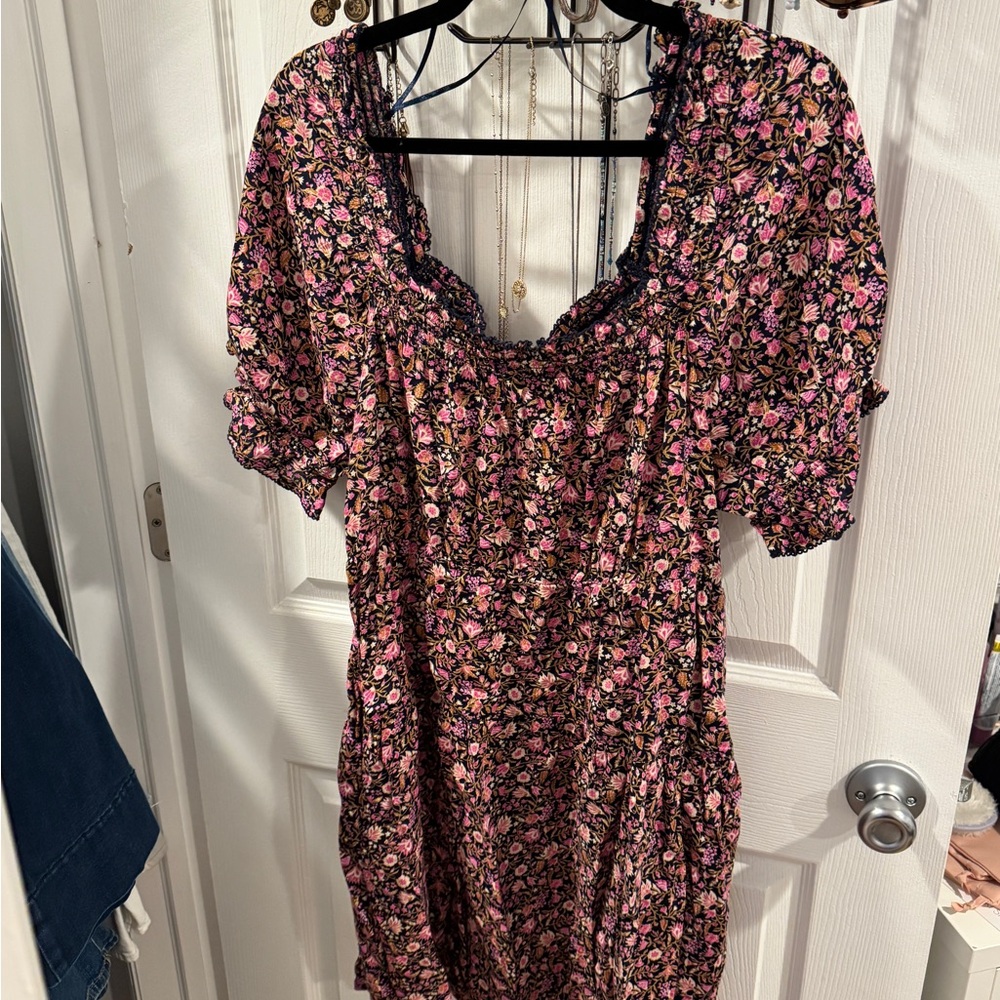 Old Navy Puff-Sleeve Tiered Smocked Embroidered Mini Swing Dress